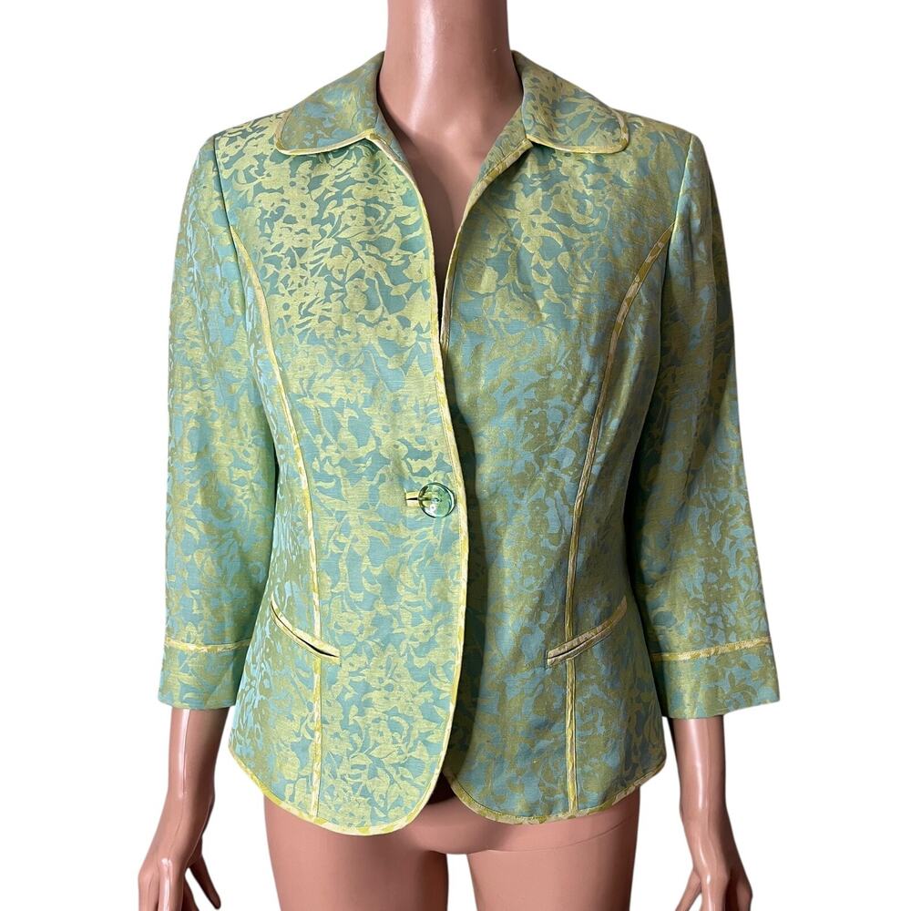 Sigrid Olsen Collection Blazer Size 4 Green Yellow Floral Brocade 3/4 Sleeve